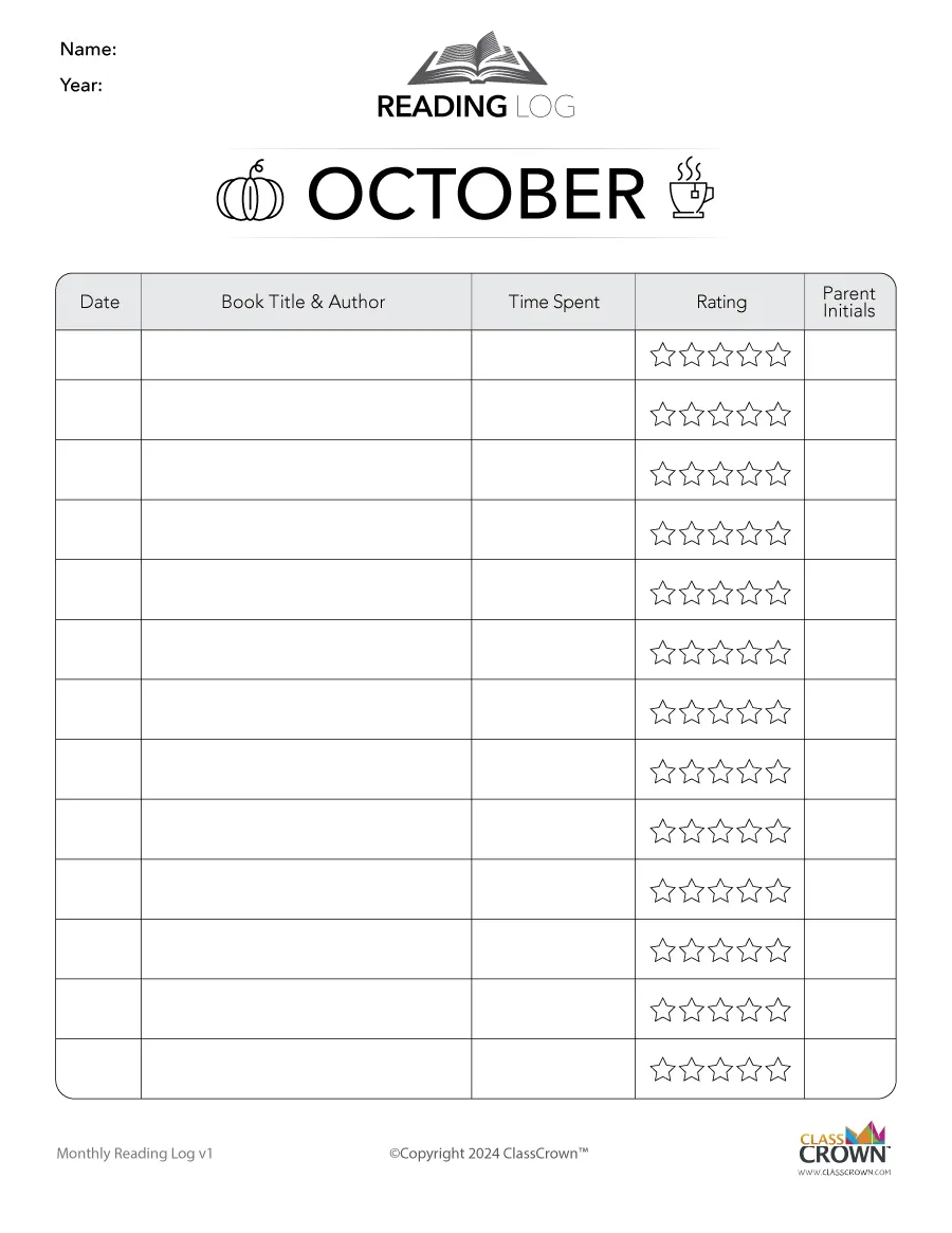 reading log: october - free reading charts | classcrown